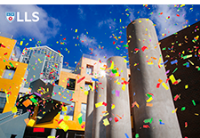 A Zoom background with confetti thrown in the air in front of Burns Academic Center and Merrifield Hall