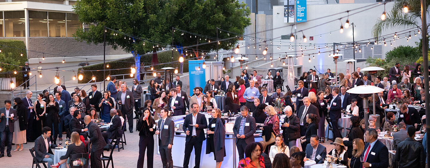 An overhead image of alumni and guests celebrating LLS Grand Reunion on LLS's downtown LA campus.